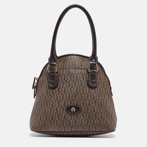 Dark Monogram Coated Canvas and Leather Zip Satchel - Aigner - Modalova