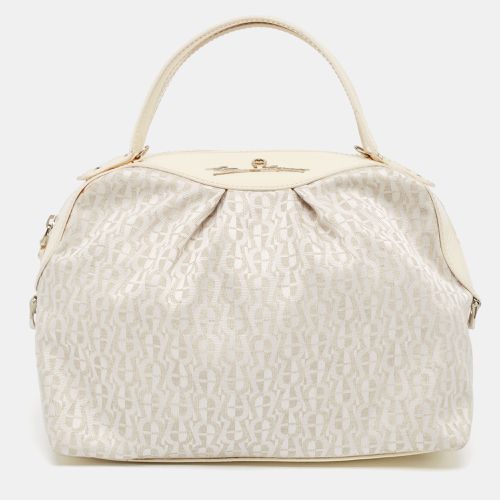 Aigner White/Cream Monogram Canvas and Patent Leather Logo Satchel - Aigner - Modalova