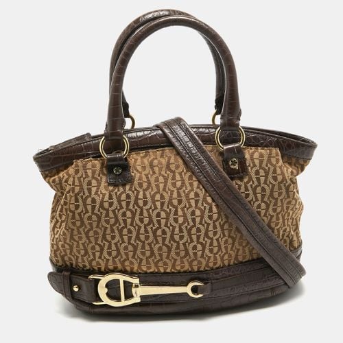 Aigner Dark Brown/Beige Signature Canvas and Croc Embossed Leather Buckle Logo Satchel - Aigner - Modalova