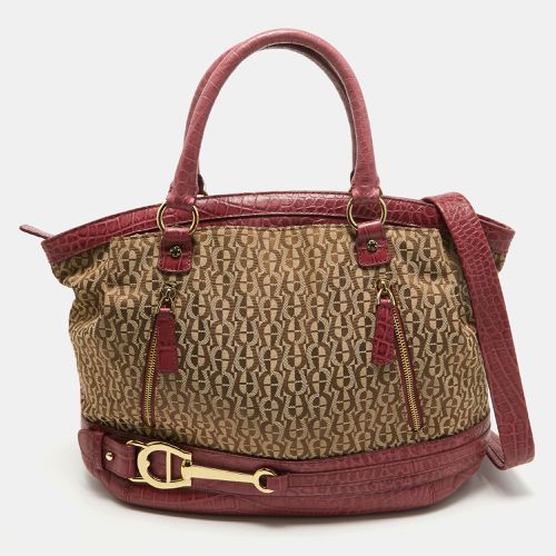 Aigner Brown/Pinnk Signature Canvas and Croc Embossed Leather Buckle Logo Satchel - Aigner - Modalova