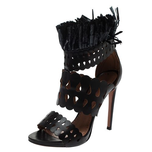 Alaia Black Leather and Straw Cut Out Fringes Sandals Size 38 - Alaia - Modalova