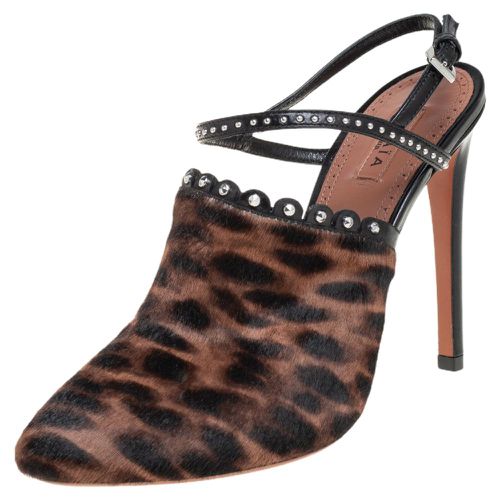 Alaia Brown Leopard Print Calf Hair And Black Studded Leather Slingback Sandals Size 37 - Alaia - Modalova