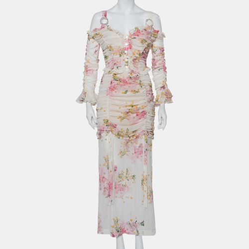 Alessandra Rich White Floral Printed Silk Ruched Cold Shoulder Maxi Dress M - Alessandra Rich - Modalova