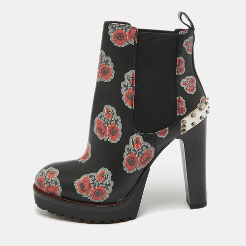 Alexander McQueen Black/Red Floral Print Leather Studded Ankle Boots Size 36 - Alexander McQueen - Modalova