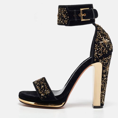 Alexander McQueen Black Velvet Embellished Ankle Strap Sandals Size 39 - Alexander McQueen - Modalova