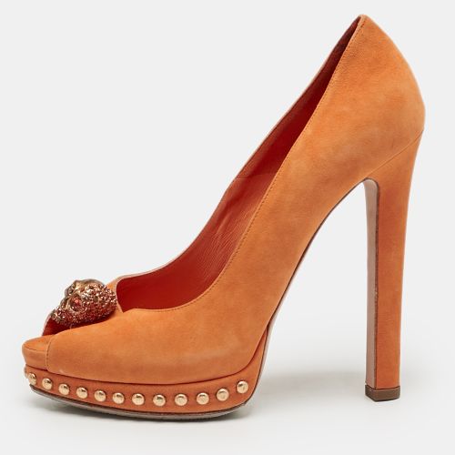 Alexander McQueen Orange Suede Skull Studded Peep Toe Pumps Size 37 - Alexander McQueen - Modalova