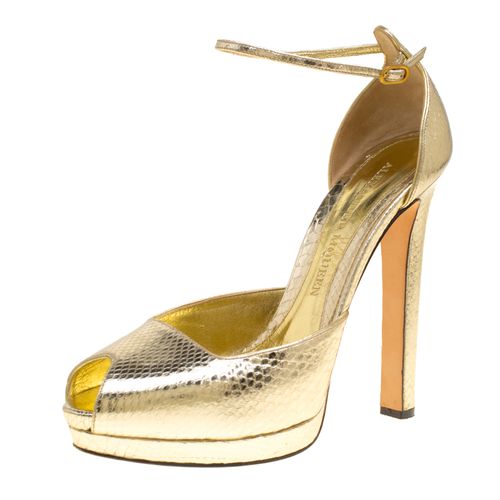 Alexander McQueen Metallic Embossed Python Leather Peep Toe Ankle Strap Platform Sandals Size 40 - Alexander McQueen - Modalova