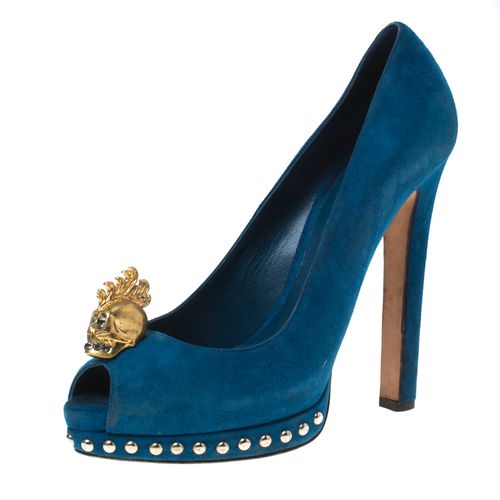 Suede Crystal Embellished Skull Peep Toe Platform Pumps Size 39.5 - Alexander McQueen - Modalova