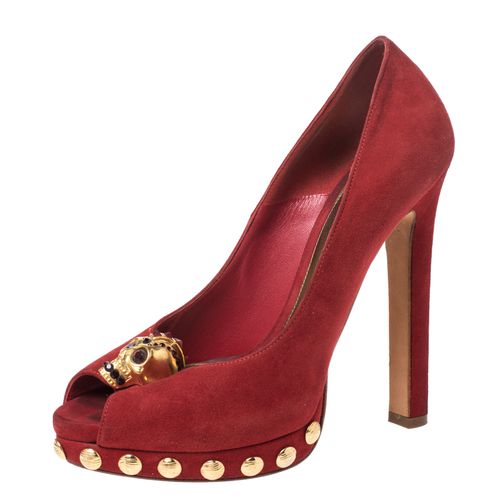 Alexander McQueen Red Suede Skull Embellished Peep Toe Pumps Size 36 - Alexander McQueen - Modalova