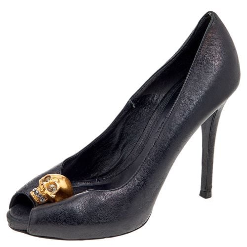 Alexander McQueen Black Leather Crystal Embellished Skull Peep Toe Pumps Size 36 - Alexander McQueen - Modalova