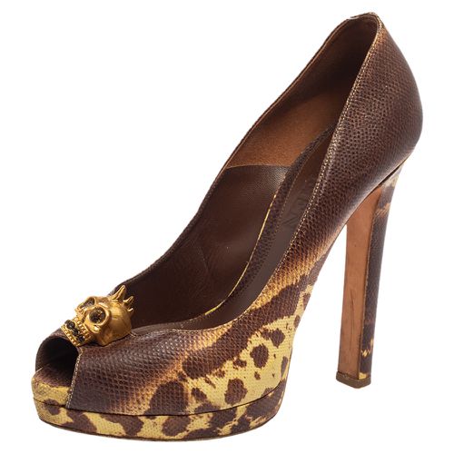 Alexander McQueen Brown/Yellow Karung Leather Skull Peep Toe Pumps Size 38 - Alexander McQueen - Modalova