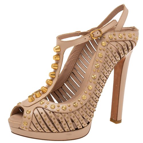 Alexander McQueen Beige Studded Leather T-Strap Slingback Platform Sandals Size 38.5 - Alexander McQueen - Modalova