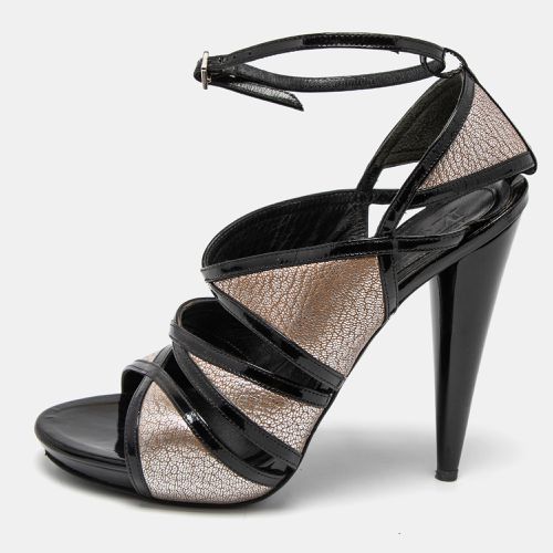 Alexander McQueen Black/Silver Leather and Patent Ankle Strap Sandals Size 35.5 - Alexander McQueen - Modalova