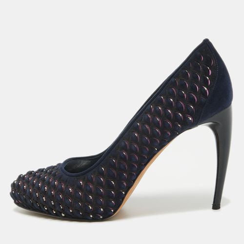 Alexander McQueen Navy Blue/Pink Laser Cut Suede and Studded Satin Round Toe Pumps Size 37.5 - Alexander McQueen - Modalova