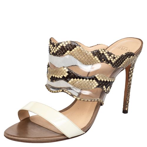 Alexandre Birman Beige/Brown Patent Leather And Python Open Toe Slide Sandals Size 39 - Alexandre Birman - Modalova