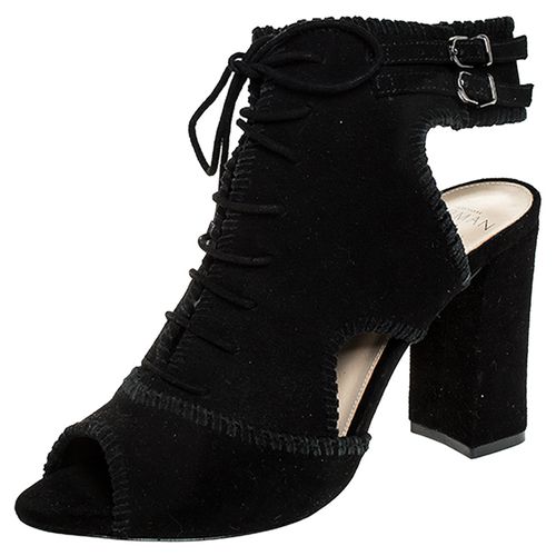 Alexandre Birman Black Suede Abbe Peep Toe Lace Booties Size 37 - Alexandre Birman - Modalova