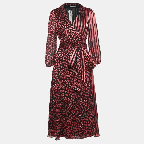 Alice + Olivia Black/Pink Leopard Fil-coupe and Striped Silk Blend Midi Wrap Dress L - Alice + Olivia - Modalova