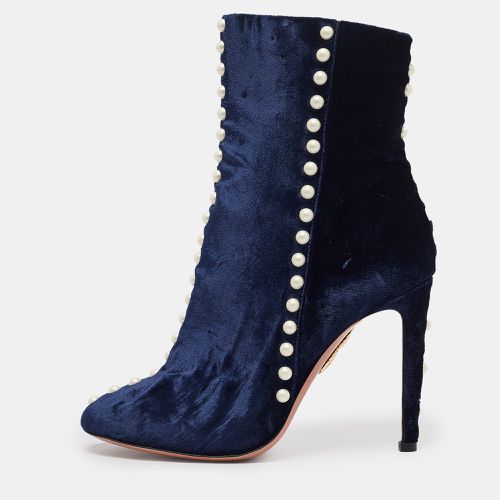 Aquazzura Navy Blue Velvet Follie Pearls Ankle Boots Size 36.5 - Aquazzura - Modalova