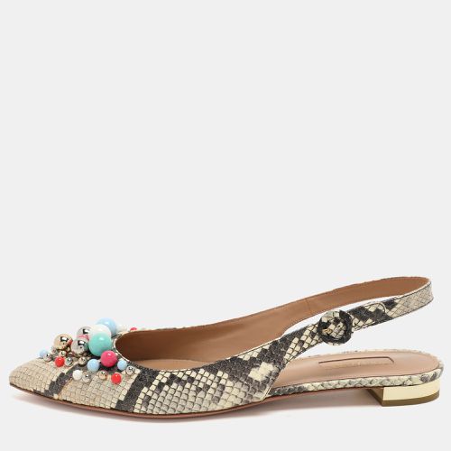 Aquazzura Brown/Beige Python Embossed Leather Embellished Bonbon Slingback Flats Size 40 - Aquazzura - Modalova