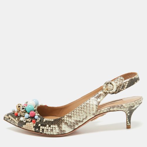 Aquazzura Brown/Beige Python Embossed Leather Embellished Bonbon Slingback Pumps Size 37.5 - Aquazzura - Modalova