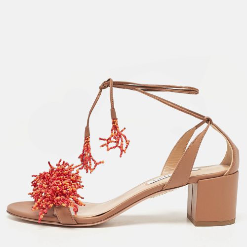 Aquazzura Brown Leather Panarea Beaded Ankle Tie Sandals Size 39.5 - Aquazzura - Modalova