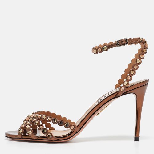 Aquazzura Brown Leather Crystal Embellished Ankle Strap Sandals Size 40 - Aquazzura - Modalova