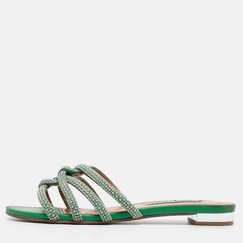 Aquazzura Green Crystal Embellished Leather Moondust Flat Slides Size 38 - Aquazzura - Modalova