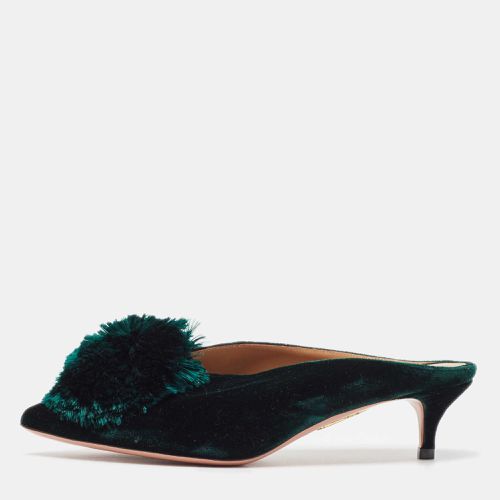 Aquazzura Green Velvet Powder Puff 45 Pompom-Embellished Mules Size 36.5 - Aquazzura - Modalova