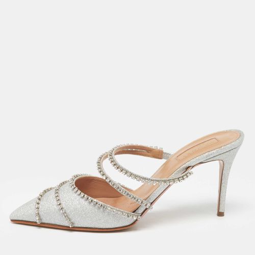 Aquazzura Silver Glitter Crystal Embellished Mules Size 38 - Aquazzura - Modalova