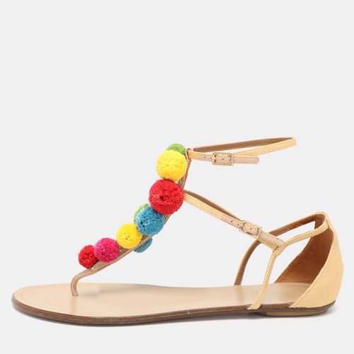 Aquazzura Beige Canvas Pom Pom Flat Sandals Size 40 - Aquazzura - Modalova