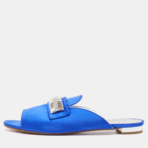 Aquazzura Blue Satin Crystal Embellished Flat Slides Size 38 - Aquazzura - Modalova