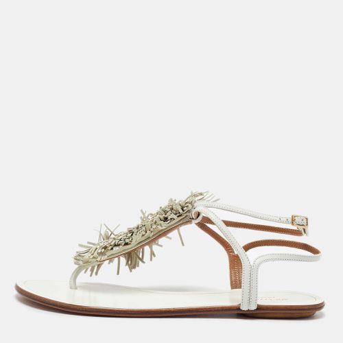 Aquazzura White Leather Fringe Trim Accent Flat Sandals Size 38 - Aquazzura - Modalova