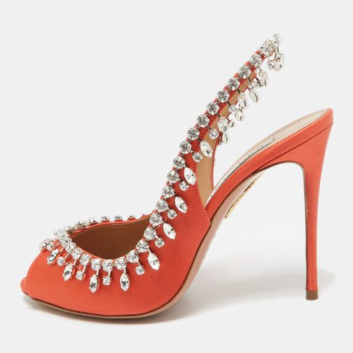 Aquazzura Orange Satin Crystal Embellished Temptation Peep Toe Pumps Size 37 - Aquazzura - Modalova