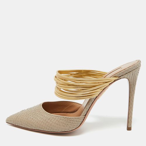 Aquazzura Beige/Gold Snakeskin Embossed Leather Rendez Vous Mules Size 38.5 - Aquazzura - Modalova