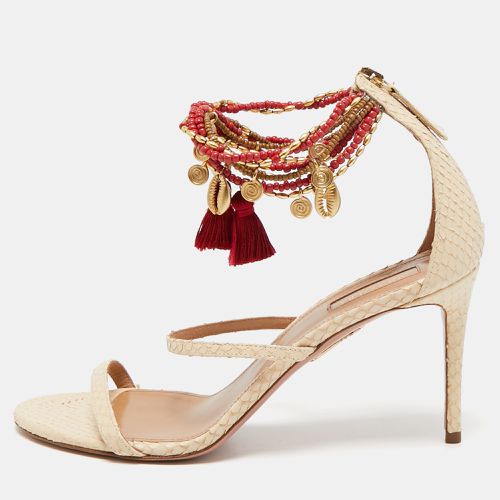 Aquazzura Beige Python Embossed Leather India Ankle Strap Sandals Size 39 - Aquazzura - Modalova