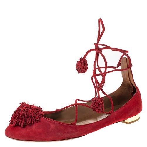 Aquaazzura Red Suede Leather Fringe Tassel Ankle Wrap Ballet Flats Size 40.5 - Aquazzura - Modalova