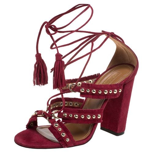 Aquazzura Burgundy Suede Leather Tulum Fringe Detail Studded Ankle Wrap Sandals Size 38 - Aquazzura - Modalova