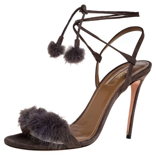 Aquazzura Grey Mink Fur and Suede Wild Russian Ankle Wrap Sandals Size 39 - Aquazzura - Modalova