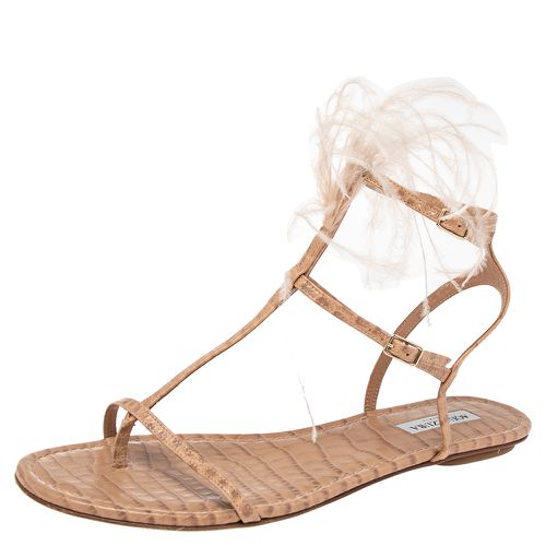 Aquazzura Beige Snake Embossed Leather Feather Trimmed T- Strap Sandals Size 39 - Aquazzura - Modalova