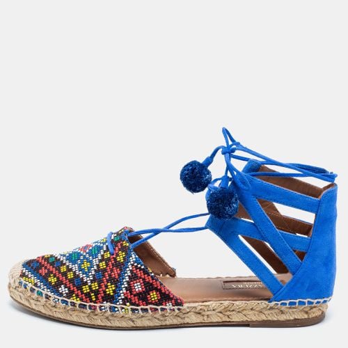 Aquazzura Blue Raffia And Suede Belgravia Lace Up Espadrille Flat Sandals Size 36 - Aquazzura - Modalova