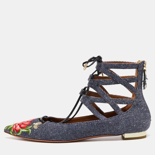 Aquazzura Blue Floral Embroidered Denim Christy Flat Sandals Size 38 - Aquazzura - Modalova