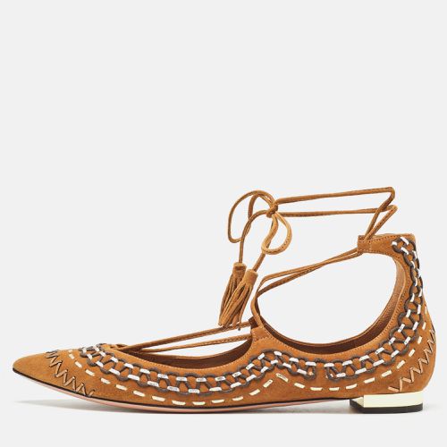 Aquazzura Brown Woven Suede Fringe Tassel Detail Ankle Wrap Ballet Flats Size 38 - Aquazzura - Modalova