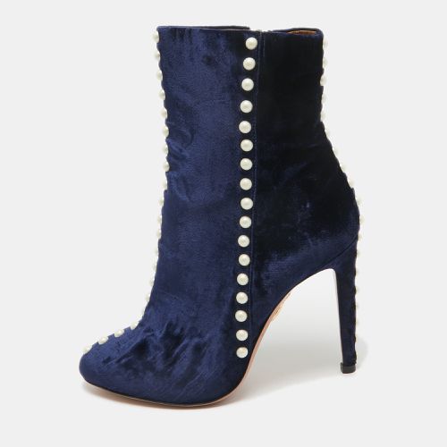 Aquazzura Navy Blue Velvet Follie Pearls Ankle Boots Size 36.5 - Aquazzura - Modalova