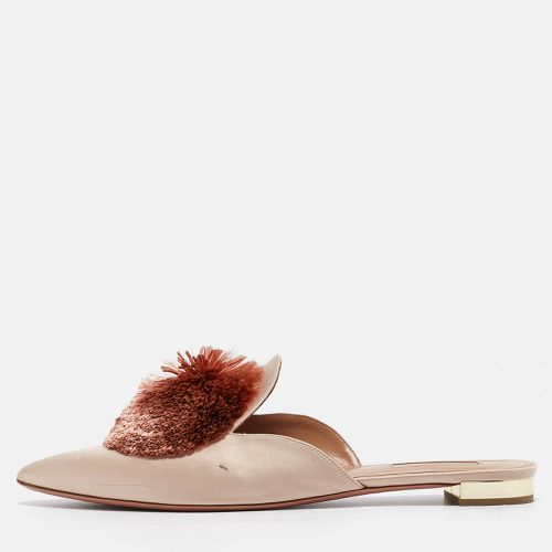 Aquazzura Pink Satin Pom-Pom Embellishments Pointed Toe Flat Mules Size 41 - Aquazzura - Modalova