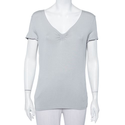 Armani Collezioni Grey Knit Ruched Neck Detail T-Shirt XL - Armani Collezioni - Modalova