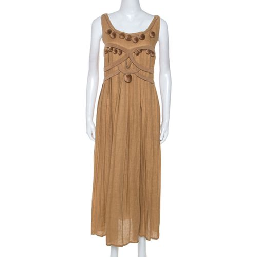 Bottega Veneta Camel Beige Linen Pom Pom Detail Pleated Dress L - Bottega Veneta - Modalova