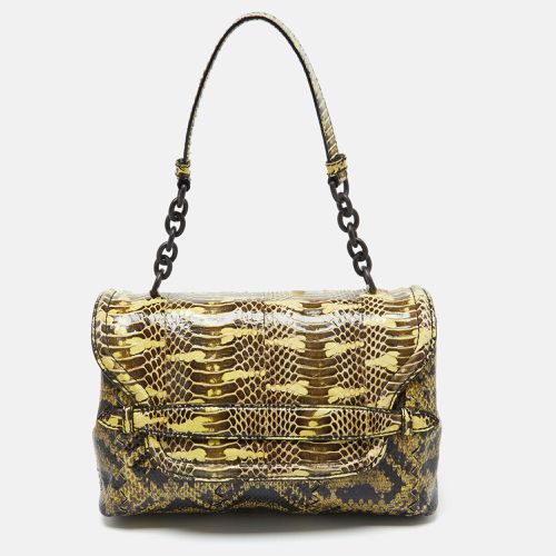 Yellow/ Intrecciato Karung and Watersnake Detail Flap Shoulder Bag - Bottega Veneta - Modalova