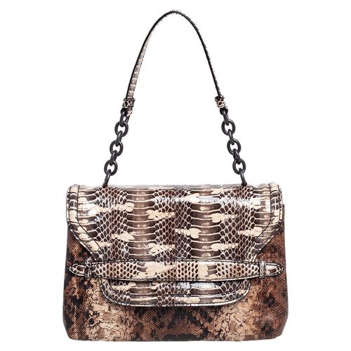 Bottega Veneta Brown Intrecciato Karung and Watersnake Detail Flap Shoulder Bag - Bottega Veneta - Modalova