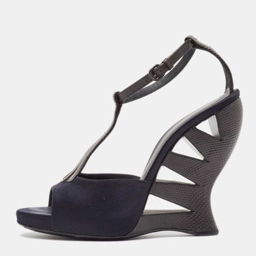 Bottega Veneta Navy Blue/Brown Satin and Textured Leather Ankle Strap Wedge Sandals Size 38 - Bottega Veneta - Modalova