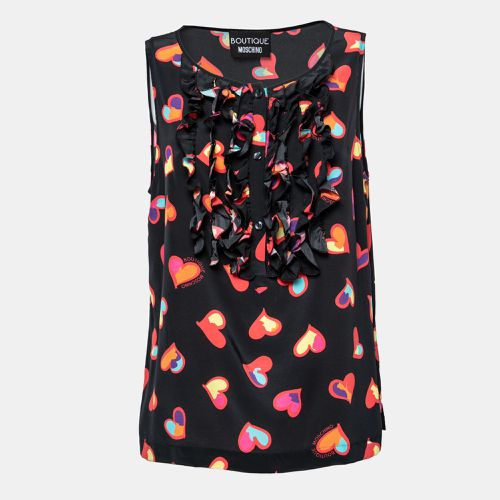 Boutique Moschino Black Heart Print Silk Ruffle Front Top L - Boutique Moschino - Modalova